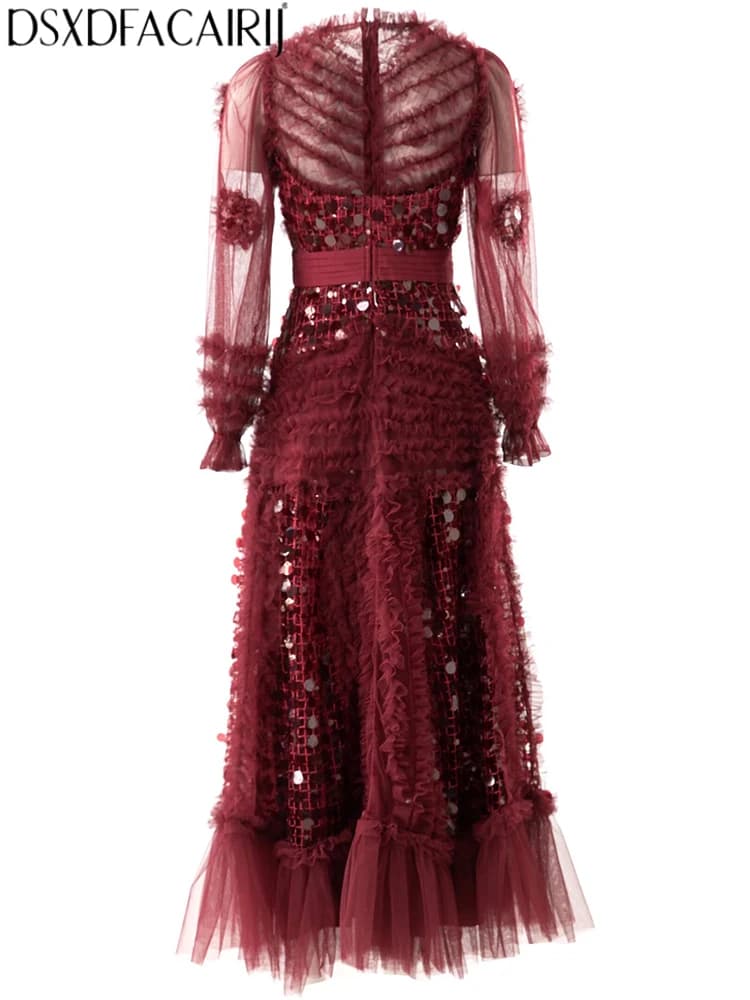 DSXDFACAIRIJ Abito lungo da donna vintage primaverile autunnale in tinta unita con scollo a O, maniche a lanterna, paillettes e bordo arricciato in rete, con ampia gonna a pendolo
