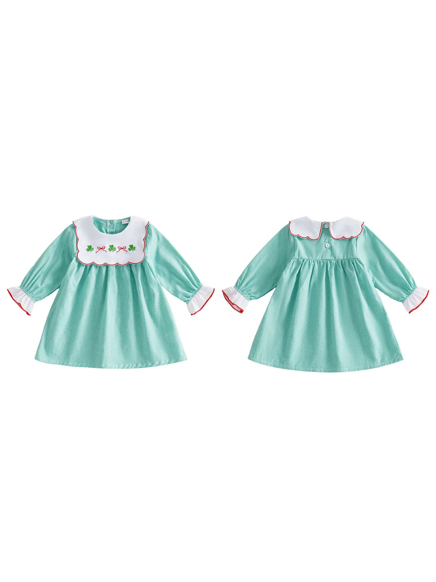 Adorabile vestito da bambina per il giorno di San Patrizio con ricamo trifoglio Elegante design scozzese e maniche lunghe a palloncino