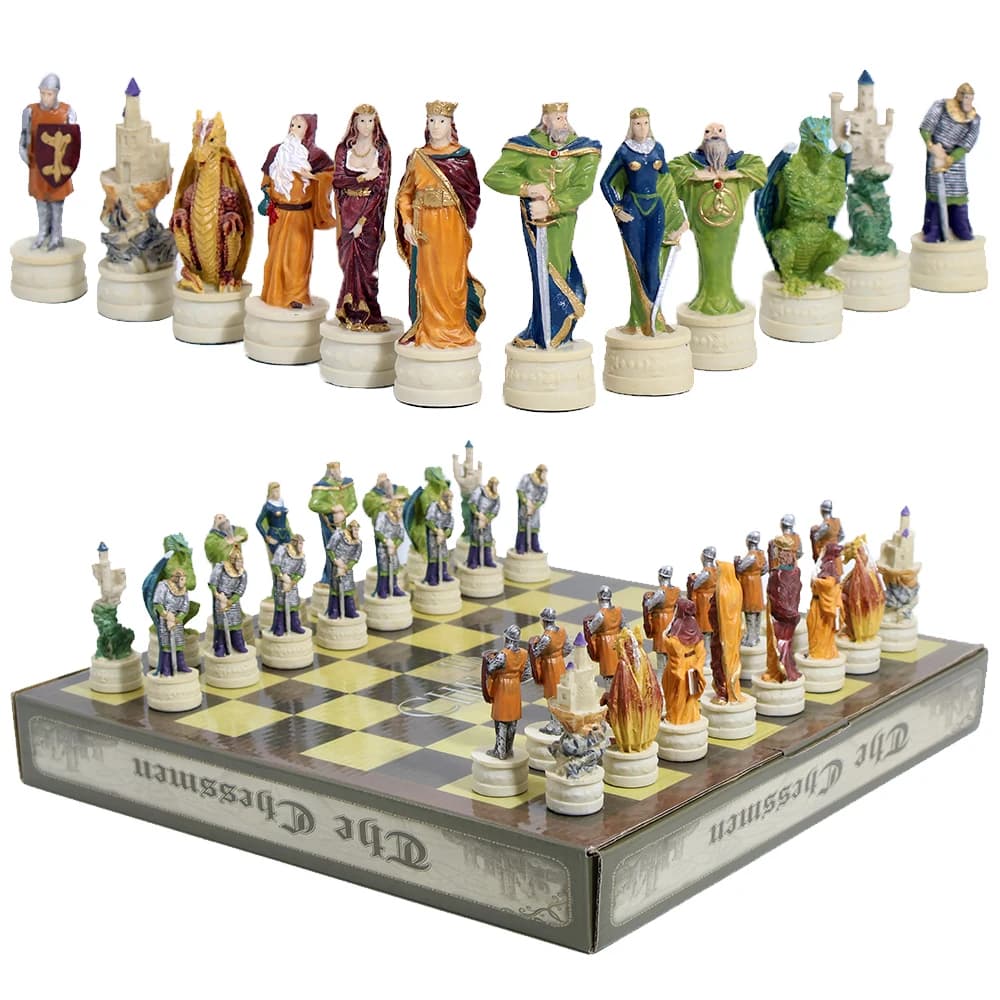 Medieval Dragon Knight Fantasy Chess Set, Hand Painted Resin Figurine Chess Pieces, Wizard Castle Themed Collectible Board Game