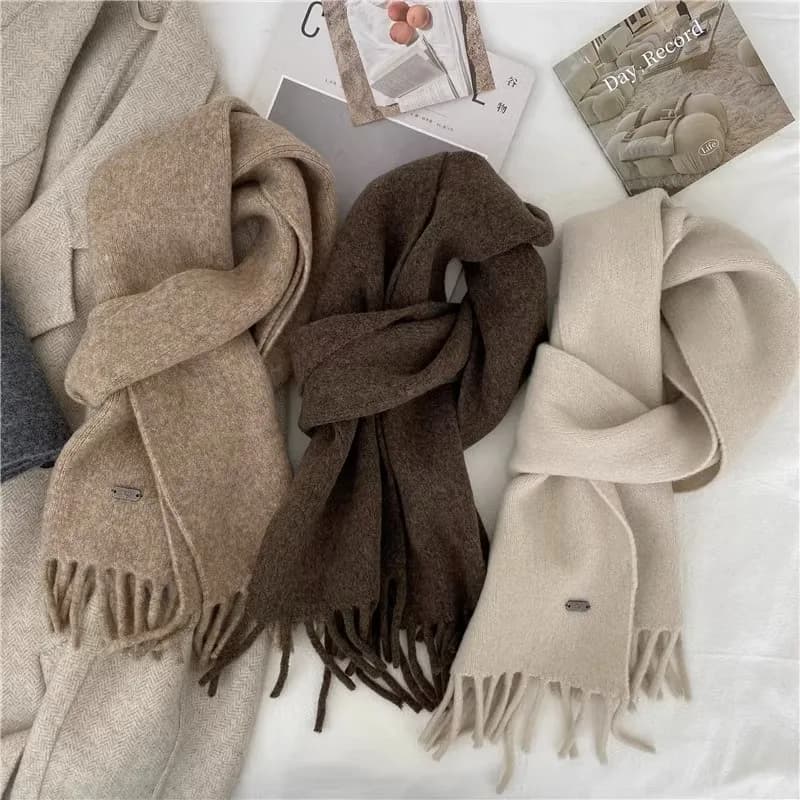 Korean Tassel Neck Warmer Faux Wool Cashmere Solid Beige Small Scarf for Women, Soft Warm Winter Elegant All Match Neck Wrap