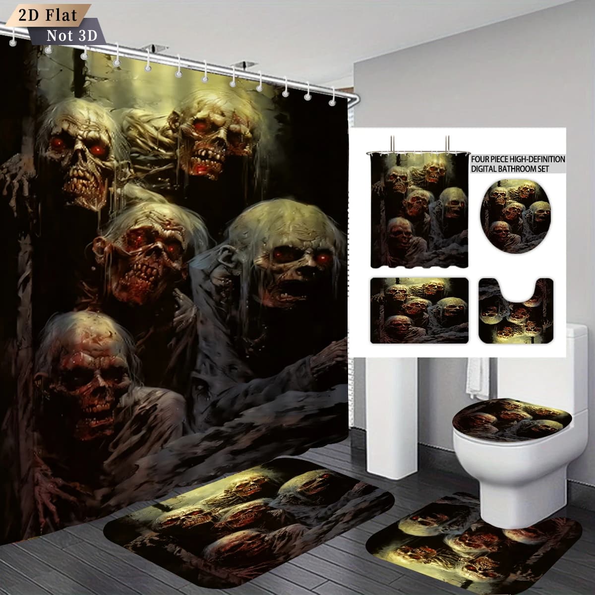 4pcs Dark Zombie Crowd Horror Bathroom Four Piece Set Waterproof Shower Curtain Toilet Seat Cover U Shape Rug Halloween Bathr