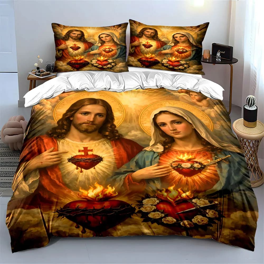 Religious Jesus Mary Printed Quilt Cover Print Bedding Set 1 Duvet Cover 2 Pillowcases for Adult and Children Luxury Gift