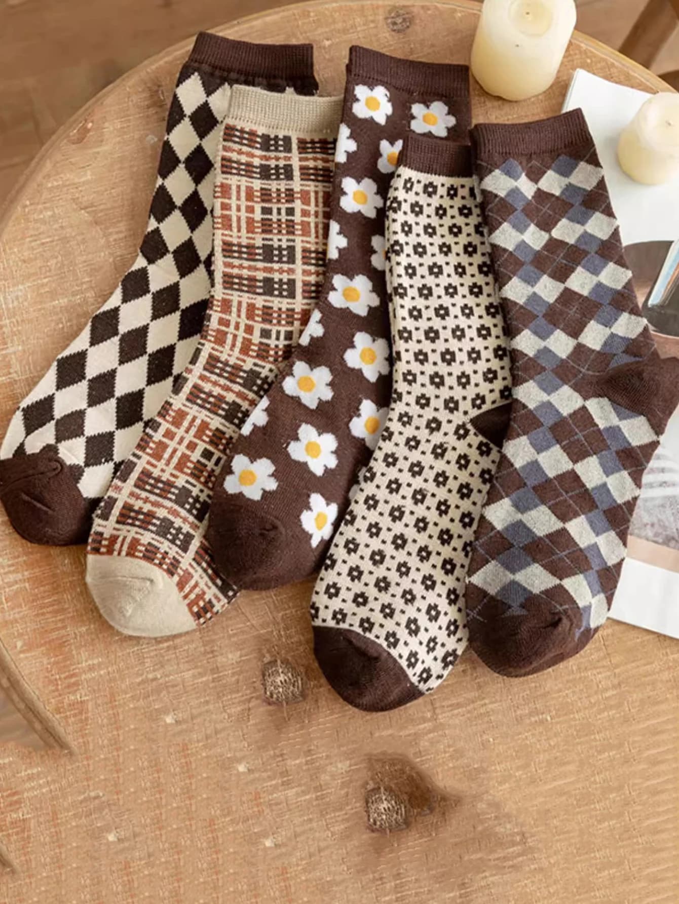 5 paia di calzini da donna comodi a rombi con stampa floreale, set di calzini corti a tubo centrale, confezione regalo di Natale, pavimento morbido