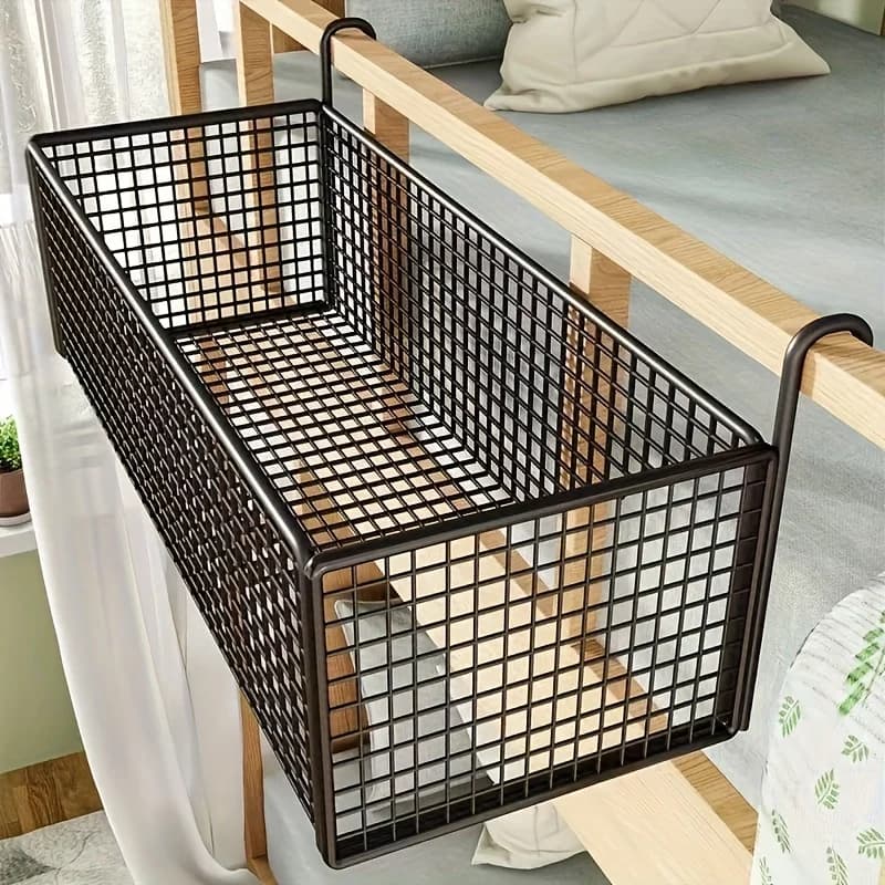 Scaffale portaoggetti multifunzionale sospeso, organizer a griglia intrecciata nera con telaio in metallo, salvaspazio per armadio e camera da letto