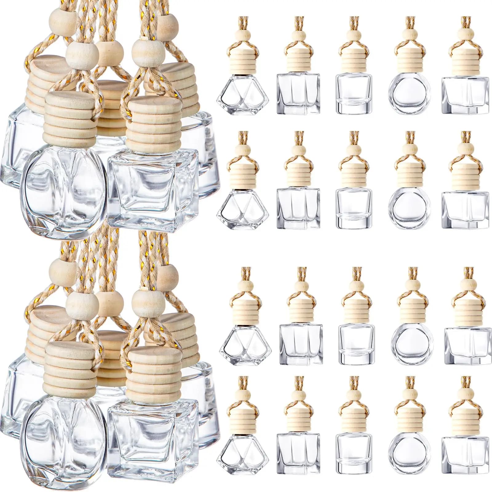 500 Pezzi Bottiglie Diffusori per Auto da Appendere, 5 Stili, Vuote in Vetro Ricaricabili, Deodorante per Ambienti con Tappo in Legno, 8ml 10ml
