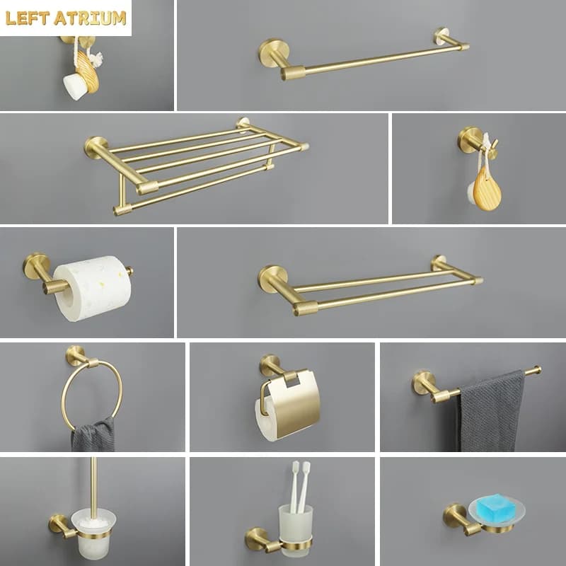 Portasciugamani da parete in acciaio inossidabile oro spazzolato, porta rotolo di carta igienica, gancio appendiabiti, porta scopino WC, accessori bagno
