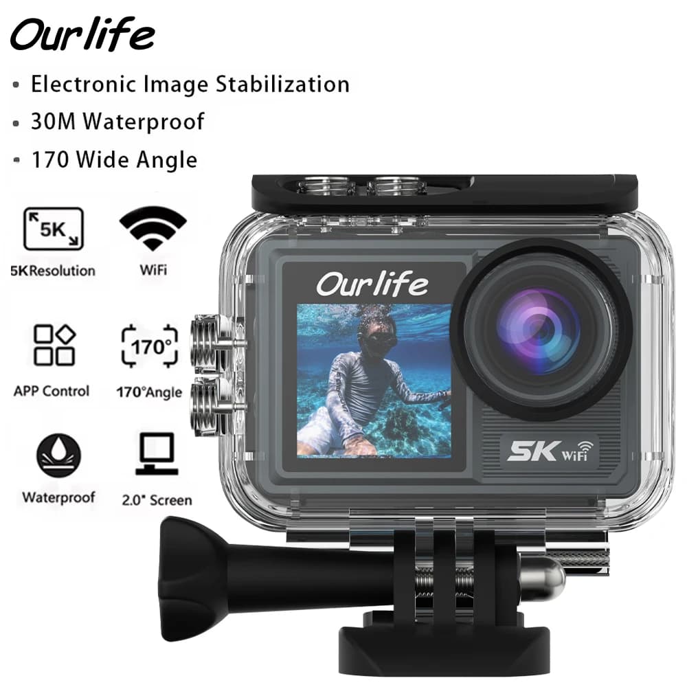 Ourlife 5K Action Camera 4K60FPS 50MP Doppio LCD IPS EIS WiFi 170 ° Telecamera sportiva per bicicletta con zoom 5X impermeabile DVR 30M