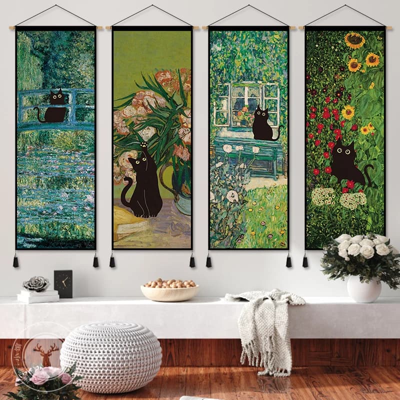 Funny Black Cat in Famous Paintings Tapestry Wall Hanging - Room Decor Aesthetic with Rod for Living Room Bedroom Wall Decor