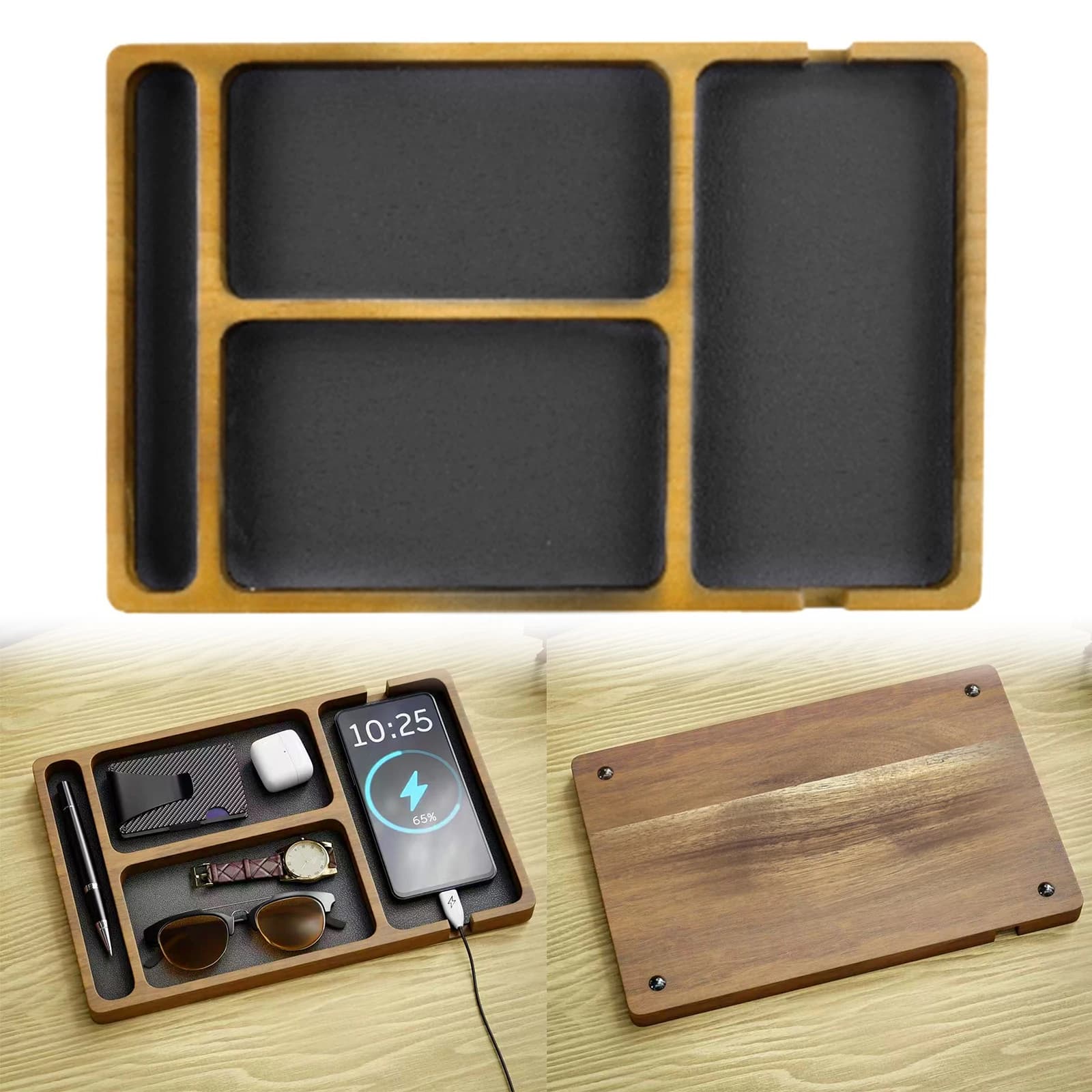 Desk Organizer in Wood with Departments for Home and Office, Glass Door, Telephone, Loaders and Various Objects