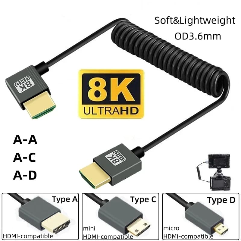Cavo UHD 8K Cavo a spirale compatibile Mini/Micro HDMI ad alta velocità compatibile HDMI per HDTV Laptop PC PS4 Fotocamera DV Monitor Display