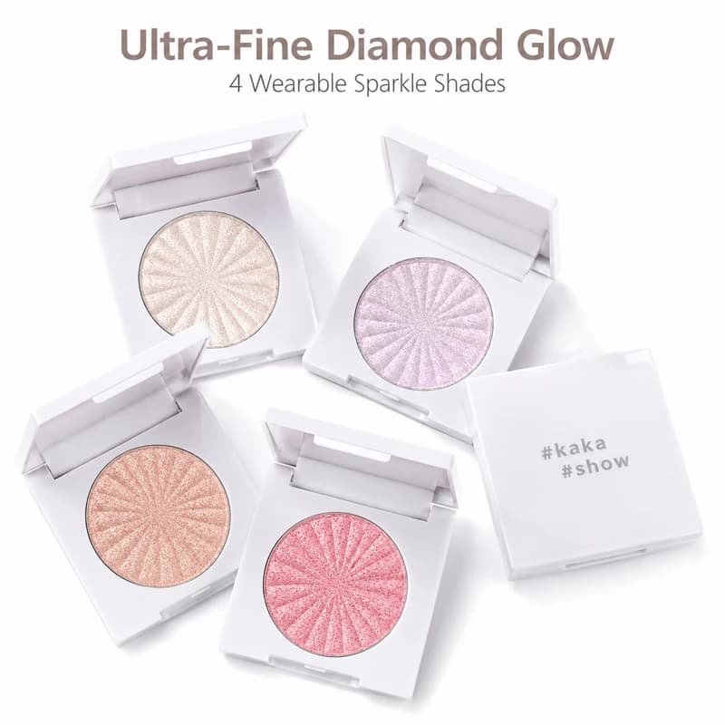 KakaShow Diamond Glow Highlighter Powder 4 Colors Ultra-Fine Shimmer Face Eye Illuminator Long Lasting Waterproof Compact