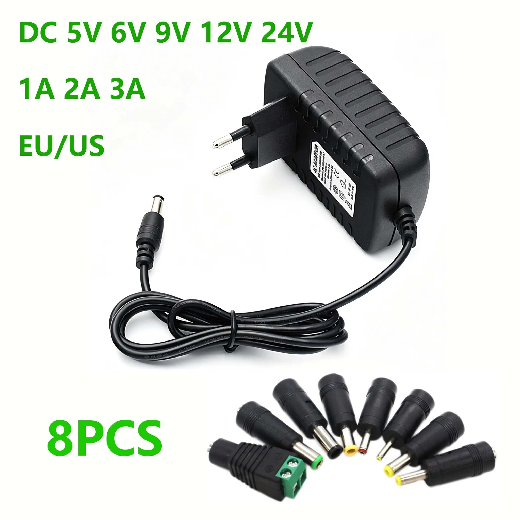 DC 5V 6V 9V 12V 24V Power Supply Adapter 1A 2A 3A 8V 10V 15V 2A 3A Power Adapter DC Plug Converter EU US with 8cs Connect Plug