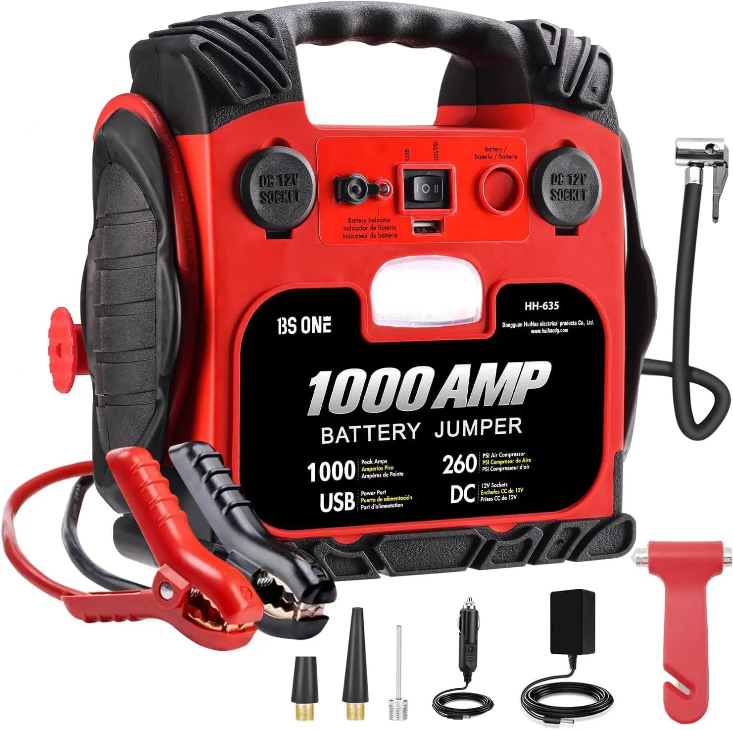 Avviatore di emergenza per auto di picco da 1000 A, pacco batteria al piombo da 12 V con compressore d'aria da 260 PSI, luce LED e uscita USB