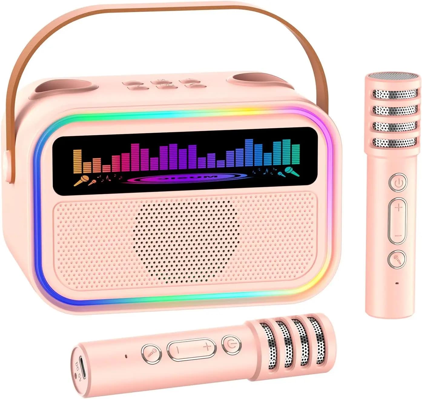 Macchina Karaoke Portatile per Bambini con 2 Microfoni Wireless, Altoparlante Bluetooth per Bambini dai 3 ai 12 Anni, Regalo Giocattolo Rosa