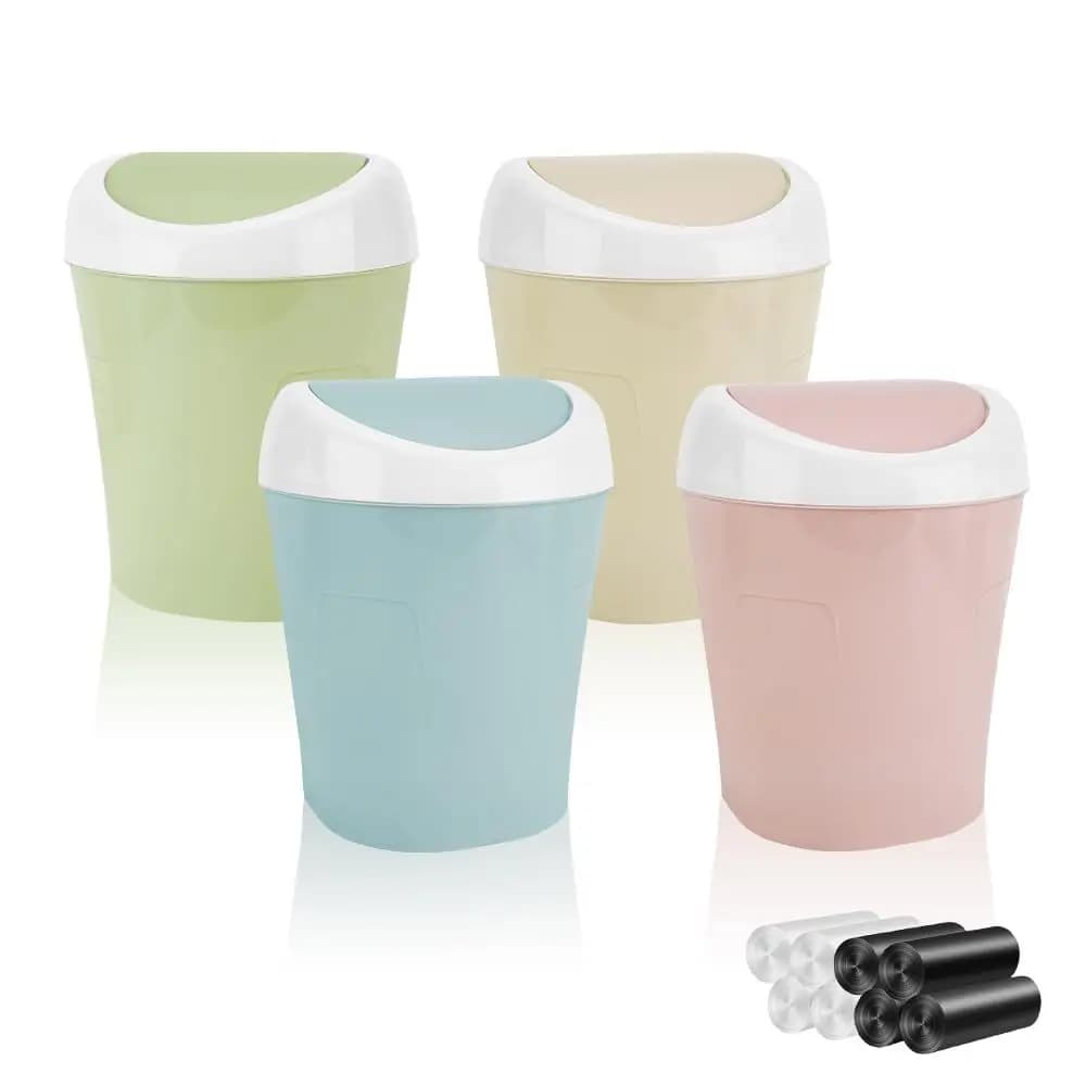 Set di 4 Mini Cestini per Rifiuti in Plastica con 8 Rotoli di Sacchetti, Contenitori Compatti con Coperchio a Battente per Bagno, Cucina o Scrivania dell'Ufficio