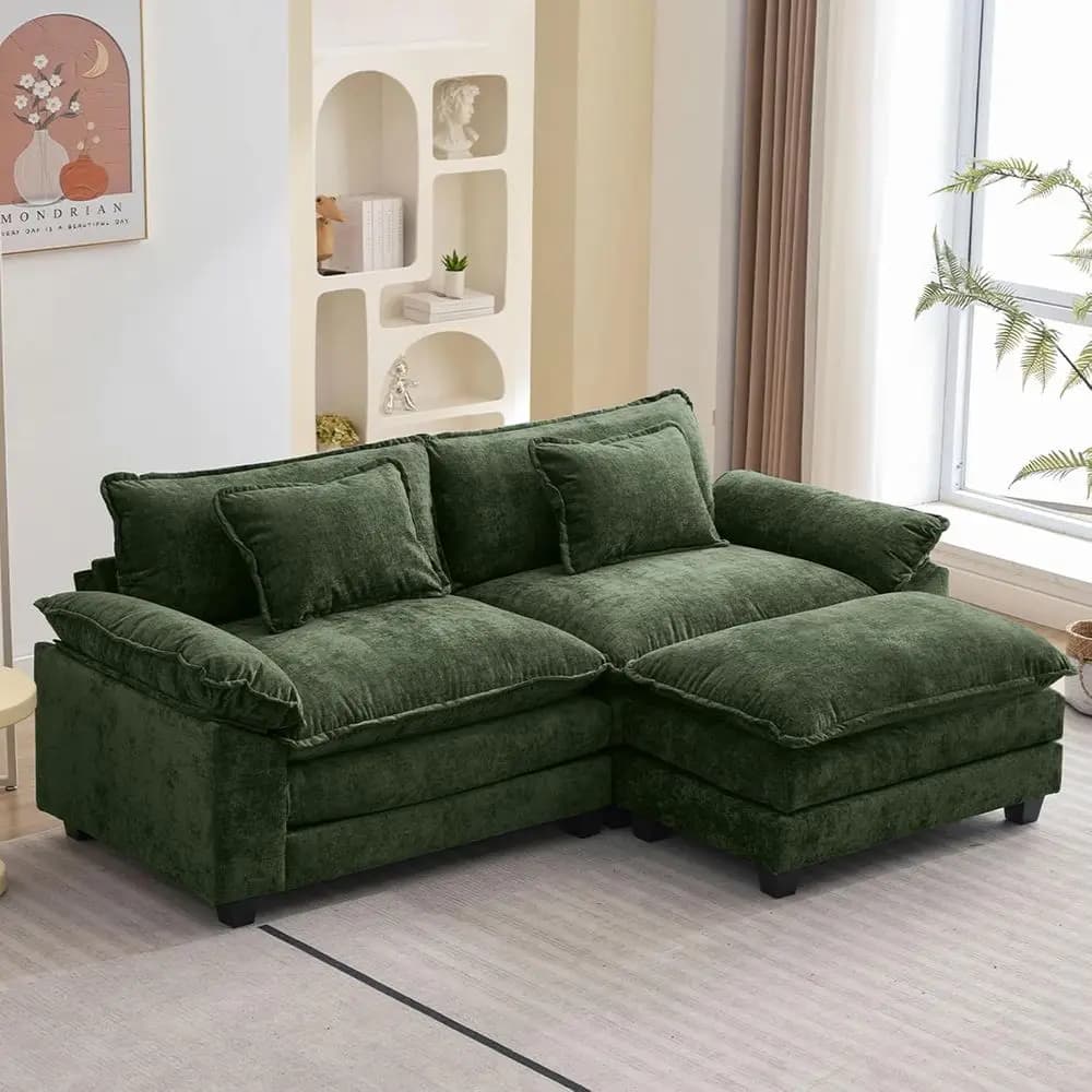 L sofa bed in green lashes 86 with ottomans and decorative cushions