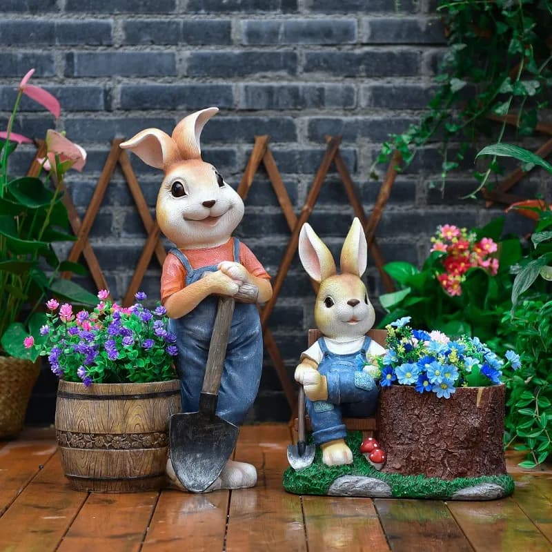 Cartoon Rabbit Planter Pot Outdoor Garden Decor Sculpture for Patio/Balcony Resin Animal Flower Container Decor Lawn Art Statue
