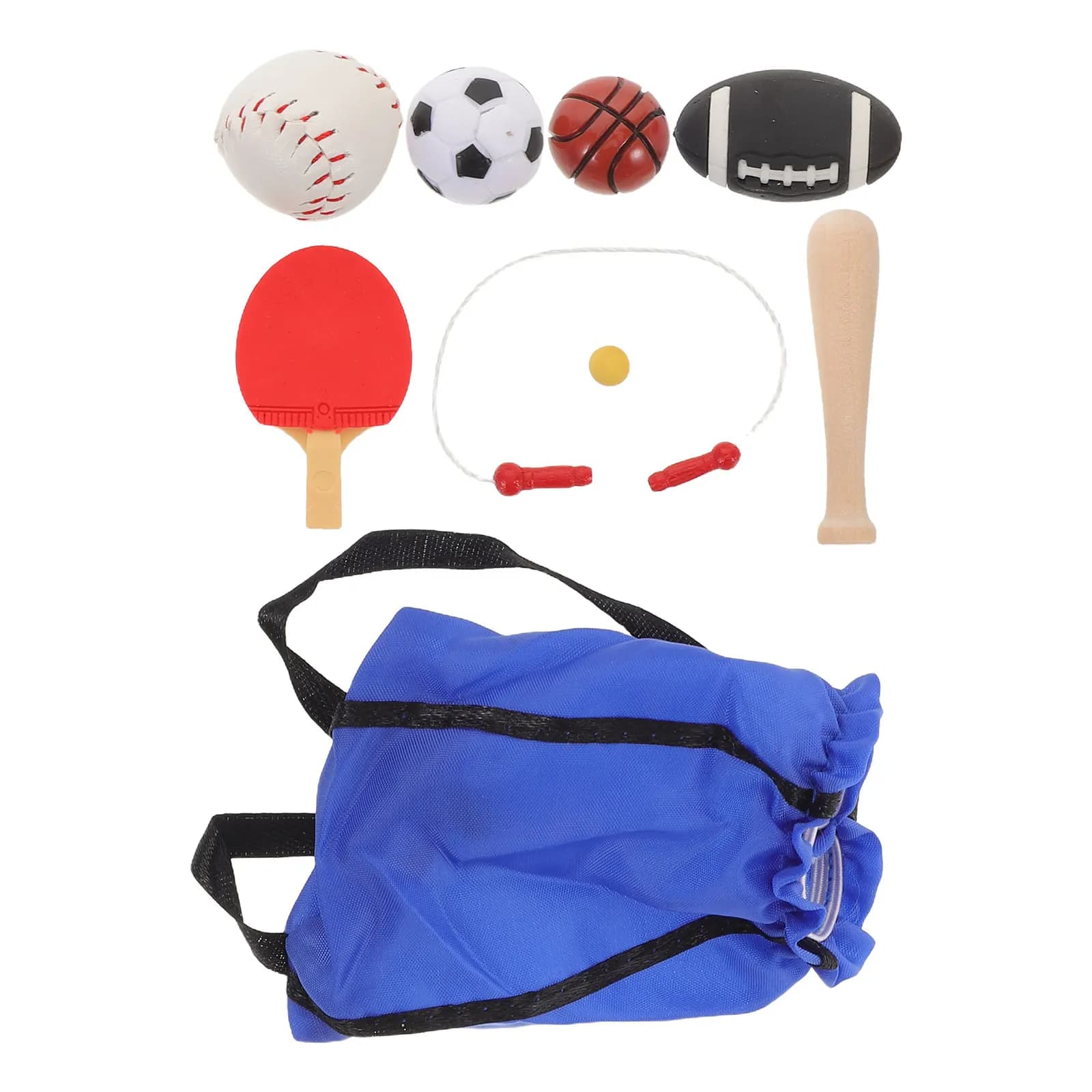 1 set di articoli sportivi in miniatura dal design realistico per decorazioni per case delle bambole, oggetti di scena per la fotografia, basket, calcio, corda per saltare, mini
