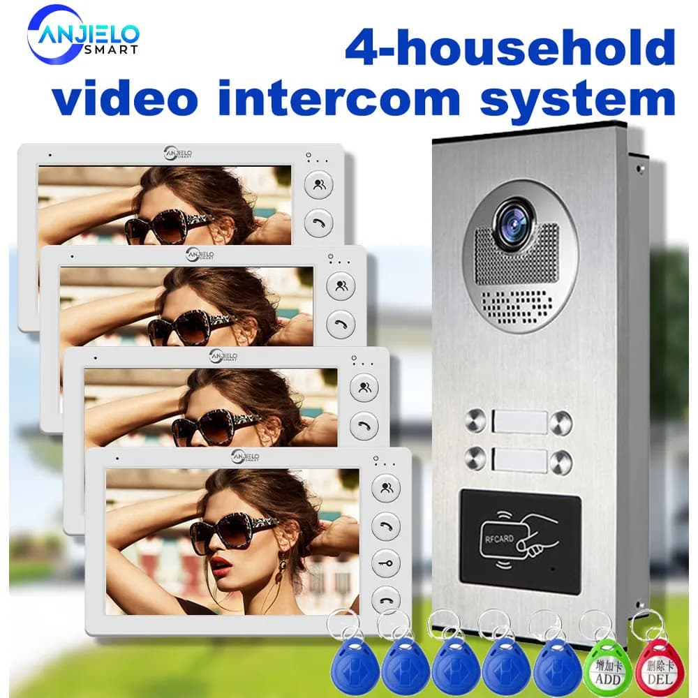 Sistema Citofonico Video ANJIELO per 4 Appartamenti con Sblocco Tramite Carta RFID, Schermo da 7 Pollici, 4 Fili