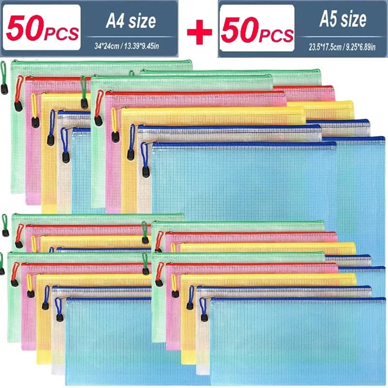 5/20/50/100PC Stationery Storage Bag Folder File Mesh Zipper Pouch A4/A5/A6 Zip File Folders Document Organizer Office Supplies