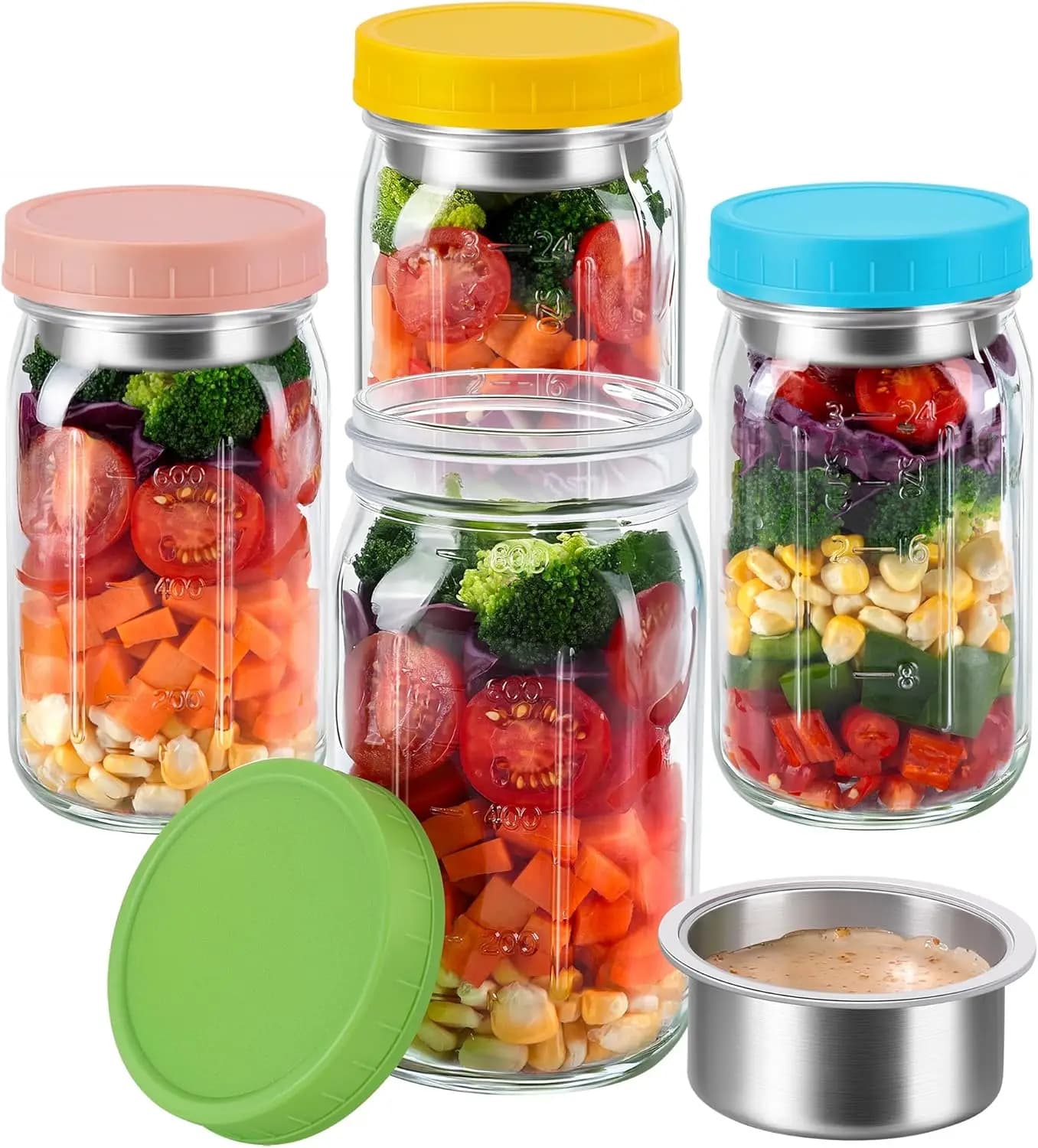 Set di 4 Barattoli in Vetro da 32 oz per Insalata con Contenitori per Condimenti (Pod) - Contenitori per Preparazione Pasti e Pranzo - Barattoli Ermetici con Coperchi