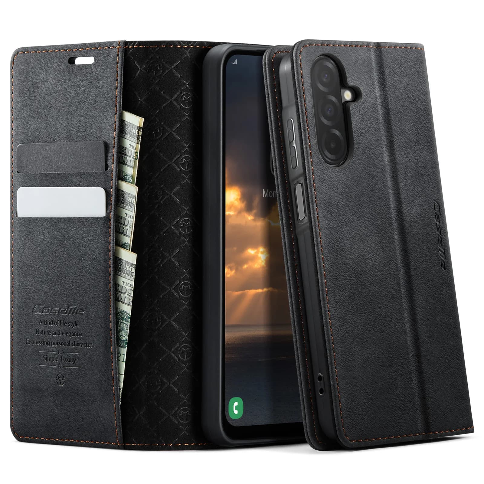 Per Samsung Galaxy A17 5G Custodia CASEME 033 Serie RFID Blocco Portafoglio Supporto Cover per telefono in pelle con texture di vitello - Nero
