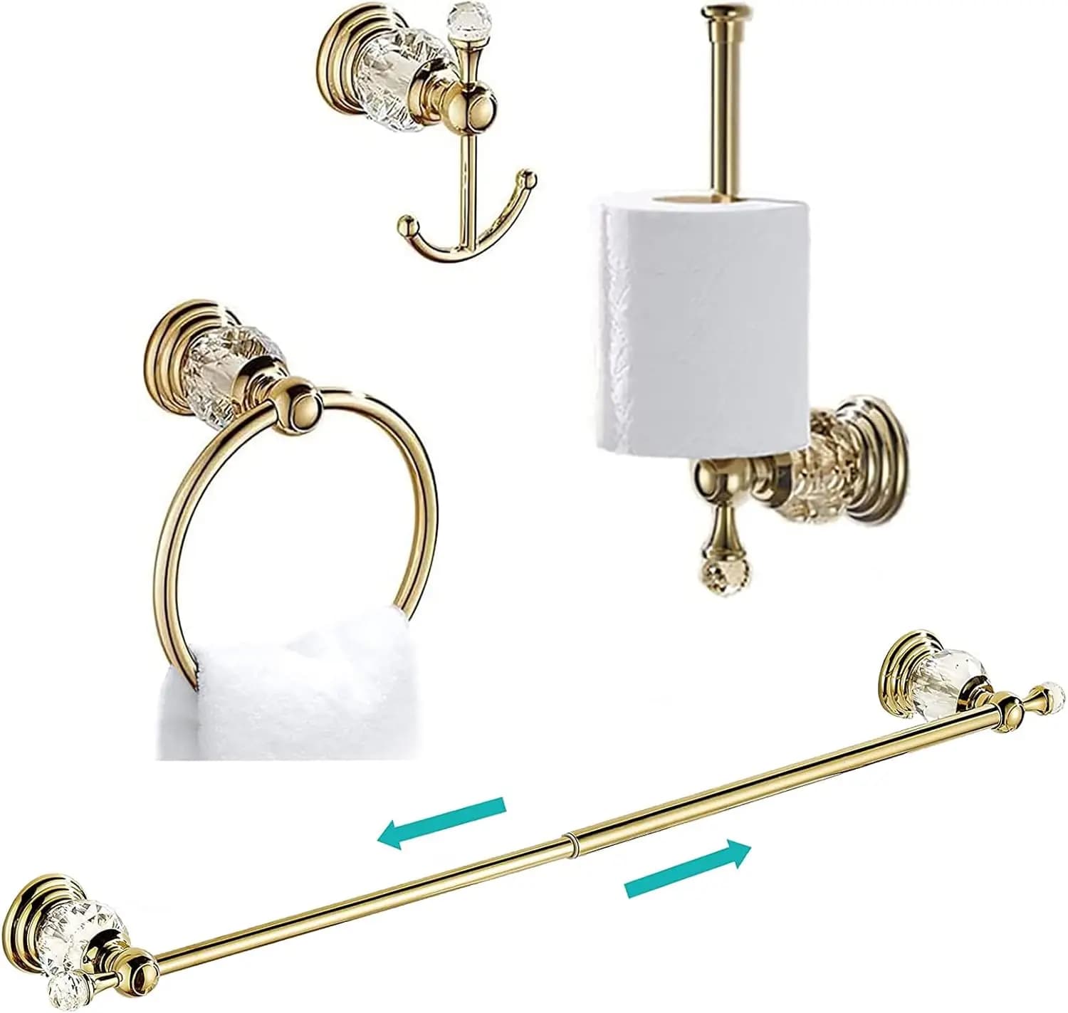 Set di Accessori Bagno di Lusso in Cristallo - 4 Pezzi: Portasciugamani, Portarotolo, Anello Portasciugamani, Ganci Appendiabiti con Base a Sfera in Cristallo