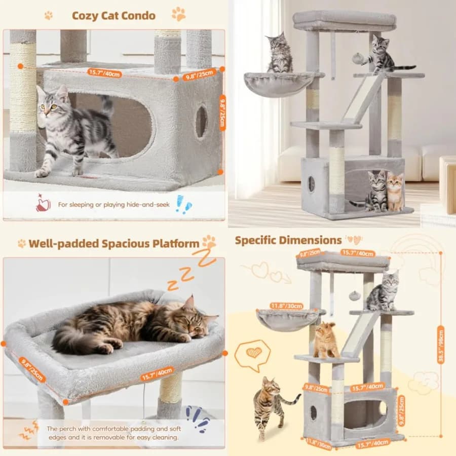 Albero per gatti, torre per gatti da 38,2 cm per gatti da porta, adatto per gattini con lussuosa casetta per gatti con cestini regolabili e lussuosa