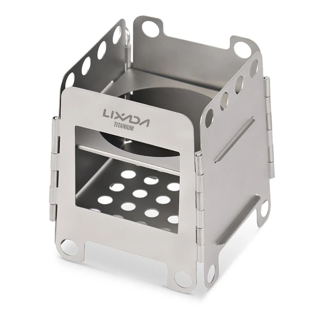 Lixada Portable lightweight folding wood stove in titanium with mini alcohol stove for outdoor camping with backpack