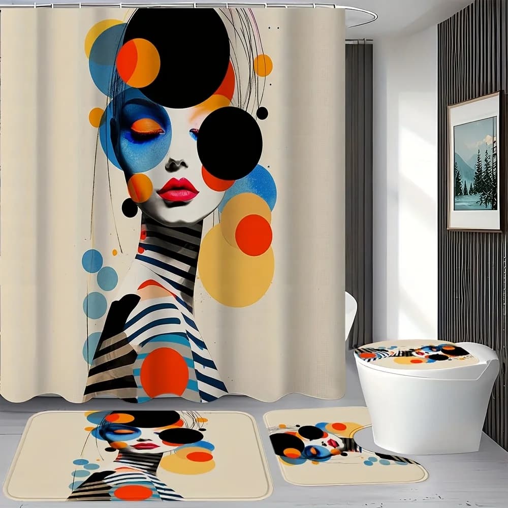 Abstract Art Bathroom 4-Piece Set: Shower Curtain, Bath Mat, Toilet Cover, Tank Cover – Modern and Stylish Decor