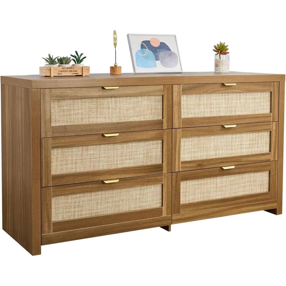 Elegante cassettiera larga 57 in rattan, portaoggetti in legno a 6 cassetti con maniglie in metallo, organizer per armadio in stile Boho, adatto per Bedro