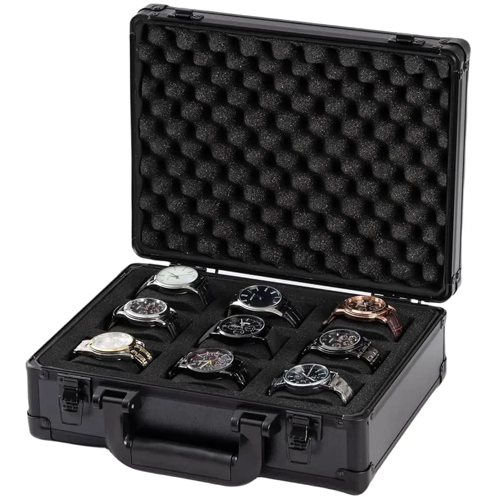 Scatola portaorologi in metallo, custodia per orologi a 9 scomparti, cuscini rimovibili per orologi, organizer per scatole portaorologi, regalo per i propri cari, alluminio nero, Natale