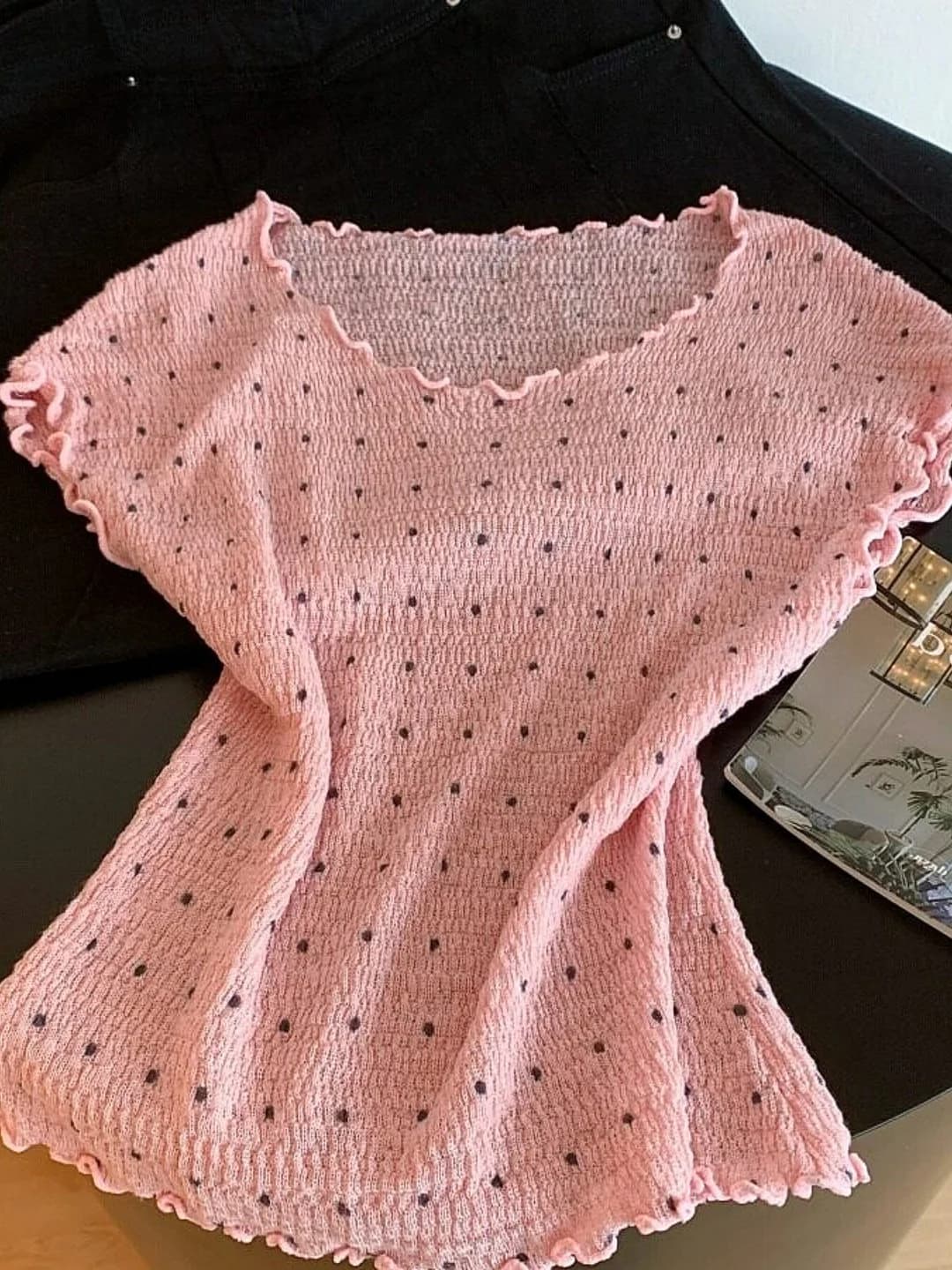 Stunning Polka Dot T-Shirt Women's Slim Fit Summer Design Sensation Sweet And Spicy Girl Wooden Fly Sleeve Top