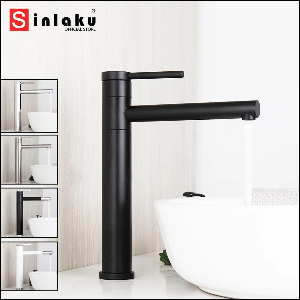 Rubinetto Miscelatore Lavabo Bagno SINLAKU in Nichel Spazzolato Nero Girevole a 360° con Getto a Spruzzo per Lavandino da Appoggio Acqua Calda e Fredda