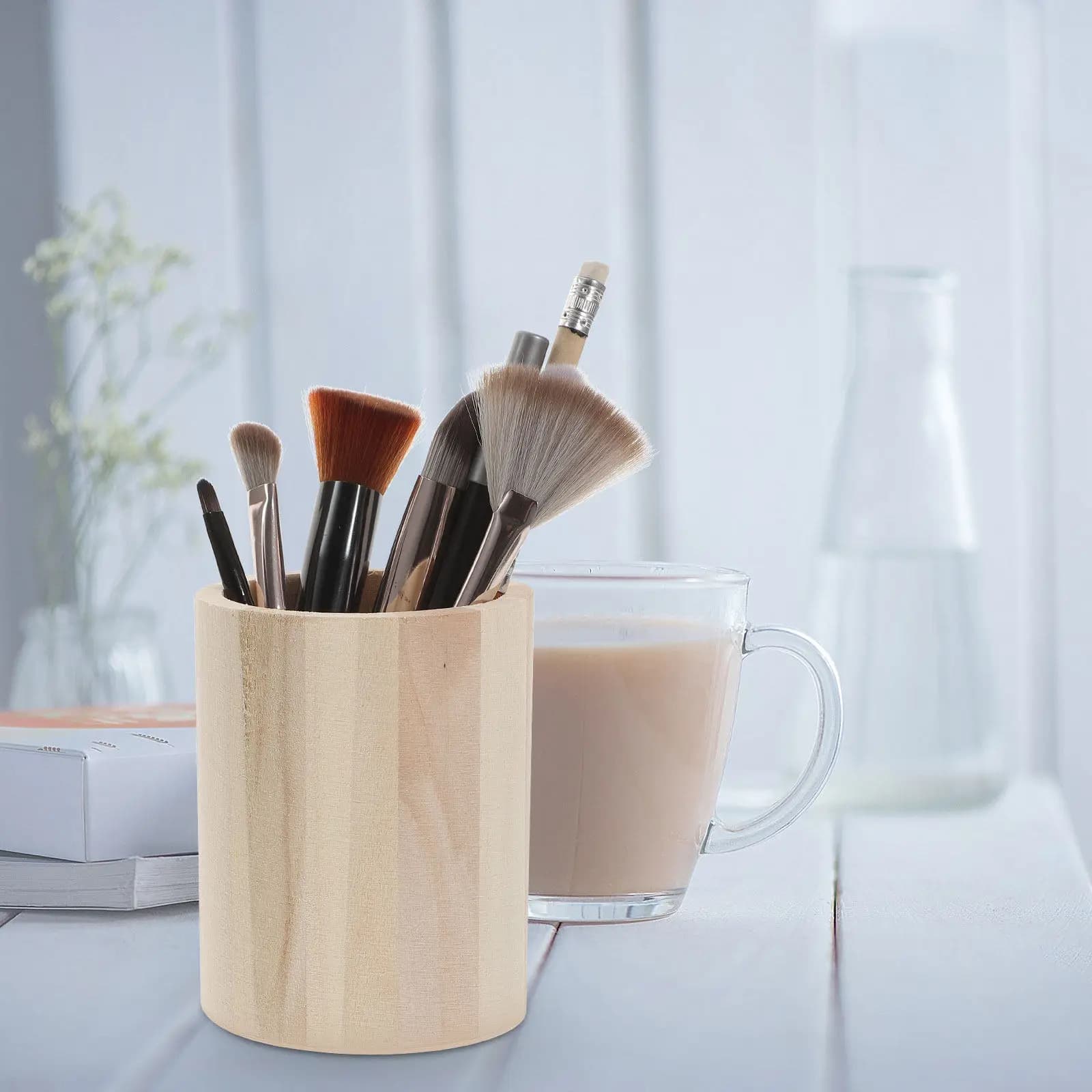 Set di 3 Portapenne in Legno, Organizzatore da Scrivania per Casa, Ufficio e Scuola, Porta Pennelli per Trucco, Texture in Legno Naturale