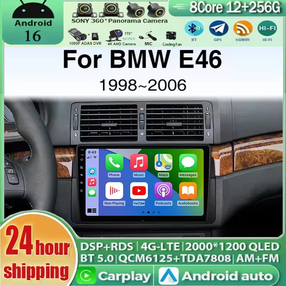 Autoradio Android 16 con CarPlay e Android Auto per BMW E46 M3 318 320 325 330 335, Lettore Multimediale per Auto con GPS Wireless, WIFI, 4G, 2din