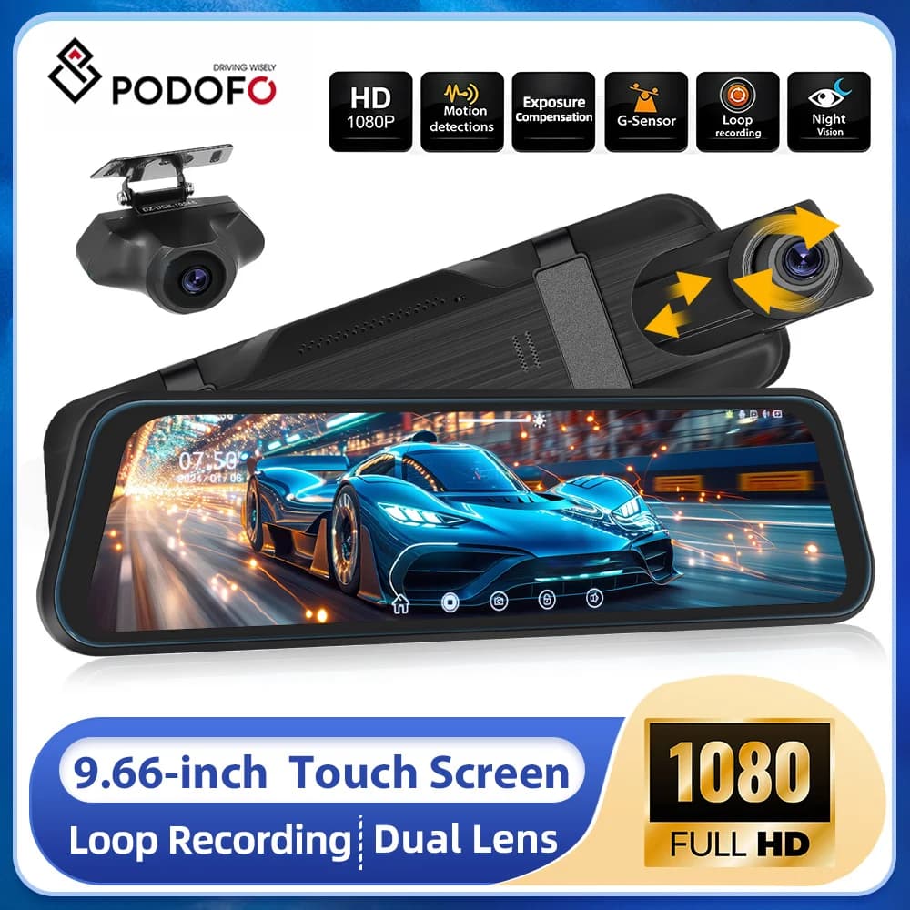 Podofo Video recorder for car with mirror in full screen 9.66 inch 1080P Stream Media Video Recorder DVR for car