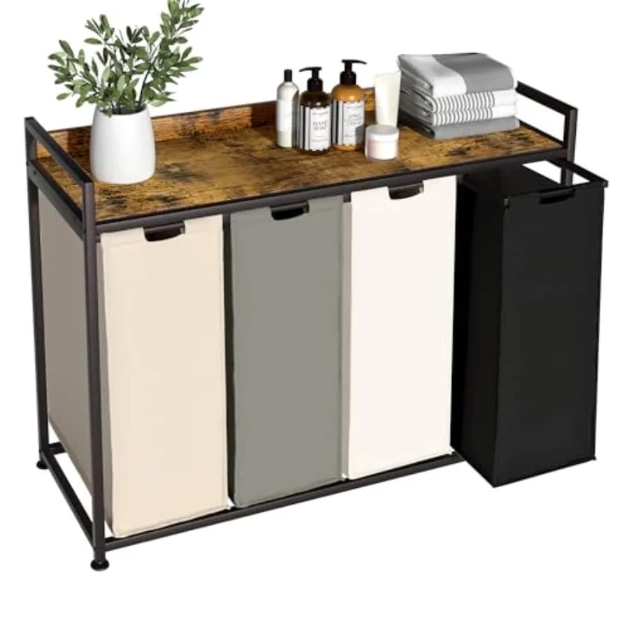 Cesto Portabiancheria con Ripiano, Cesto per Bucato a 4 Scomparti, Organizzatore per Bucato con 4 Sacchi Grandi Rimovibili e Ruote Mobili
