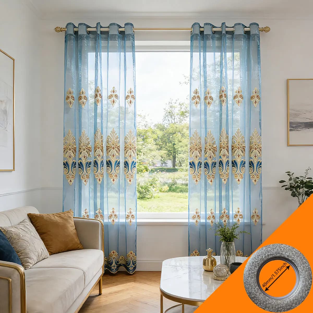 2 Pezzi di Tende Trasparenti Ricamate Blu e Oro in Stile Europeo di Lusso, Drappeggi in Voile per Soggiorno e Camera da Letto