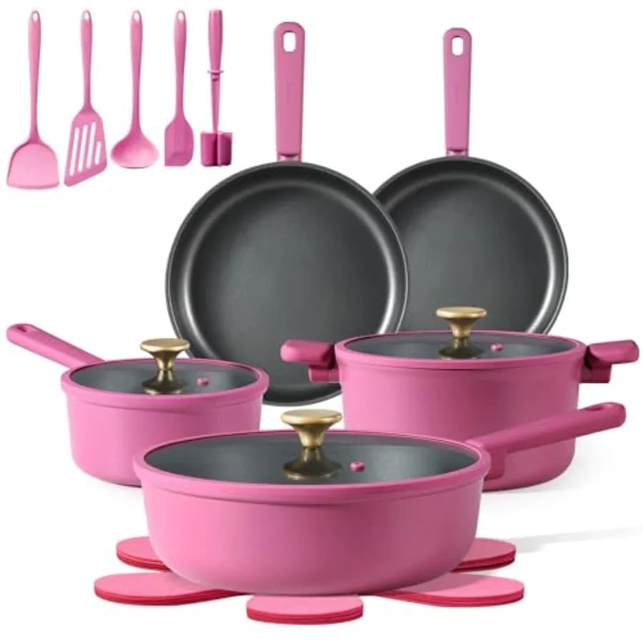 Set di pentole e padelle antiaderenti da 16 pezzi con manici termoisolanti, utensili in silicone e protezioni per pentole, set da cucina in B