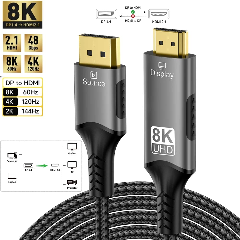 Cavo DisplayPort a HDMI compatibile 8K@60Hz 4K@120Hz, adattatore DP a HDMI per video e audio da Display Port per PC, HDTV, proiettore, Xbox