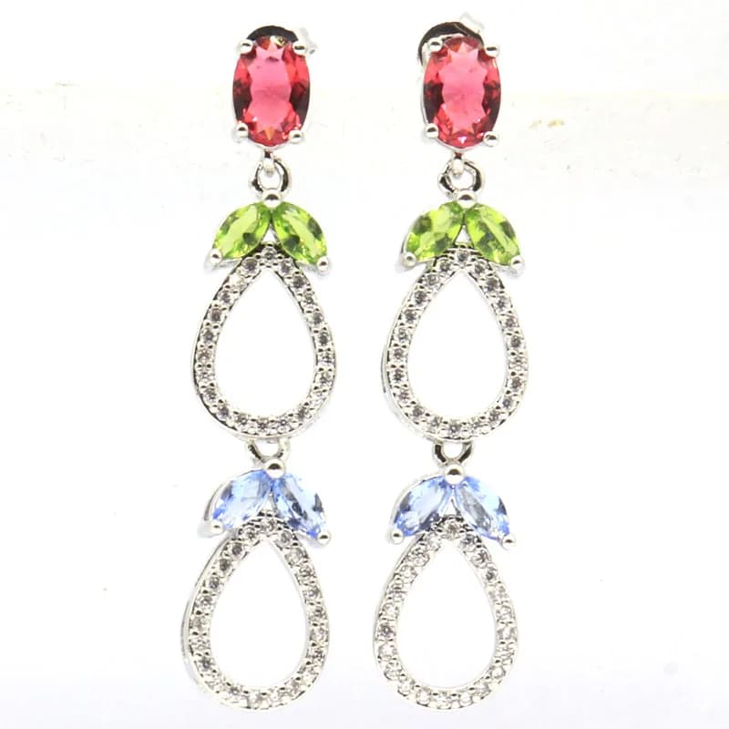 Acquista 5 Ricevi 1 gratis 44x9mm Multi Color Rhodolite Granato Viola Tanzanite Verde Peridoto Topazio blu svizzero Orecchini in argento CZ
