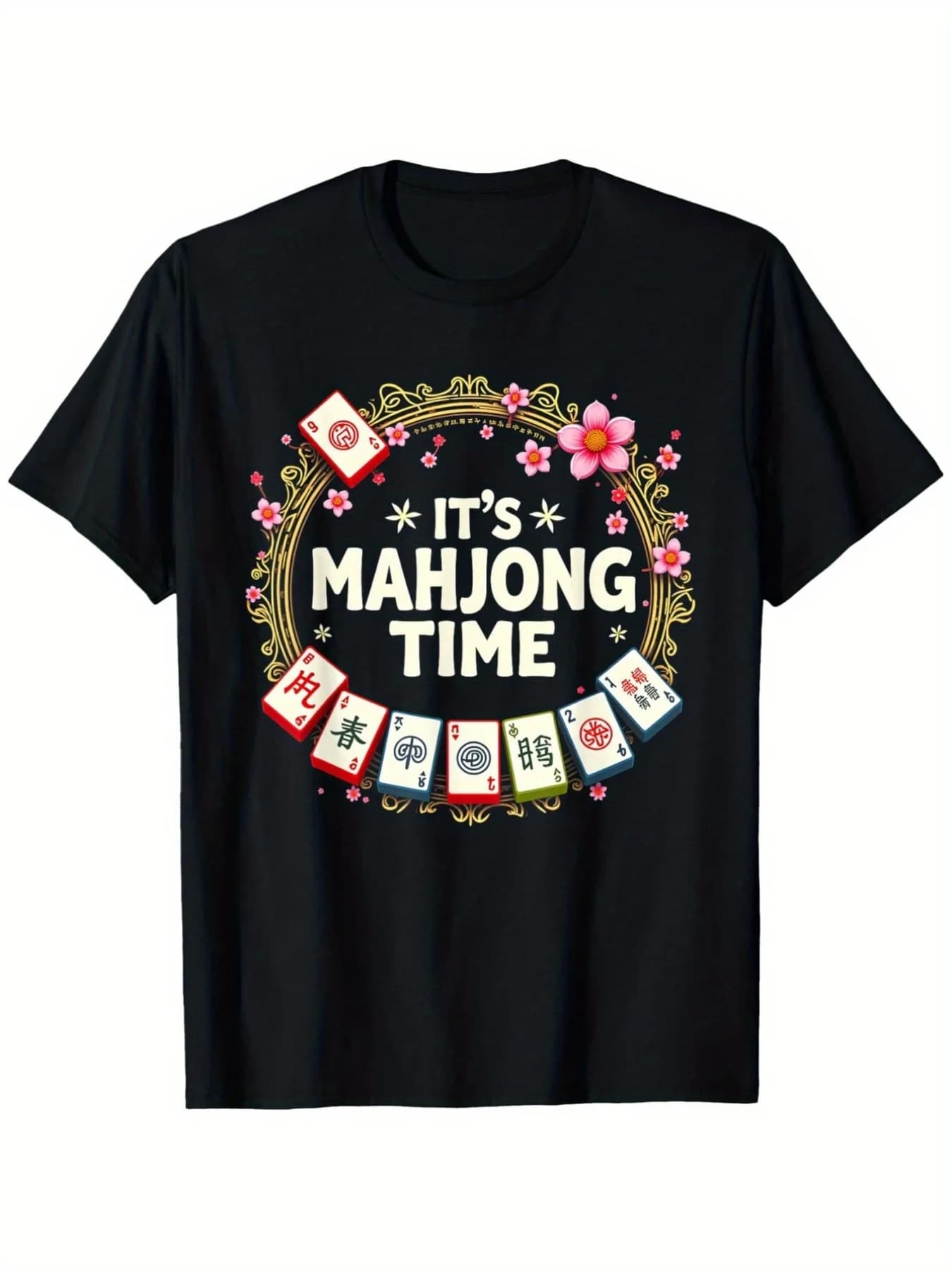 Men's t-shirt with mahjong pattern, slim fit with short sleeves, with bright prints of mahjong cards and design with "Mahjong Time" writing
