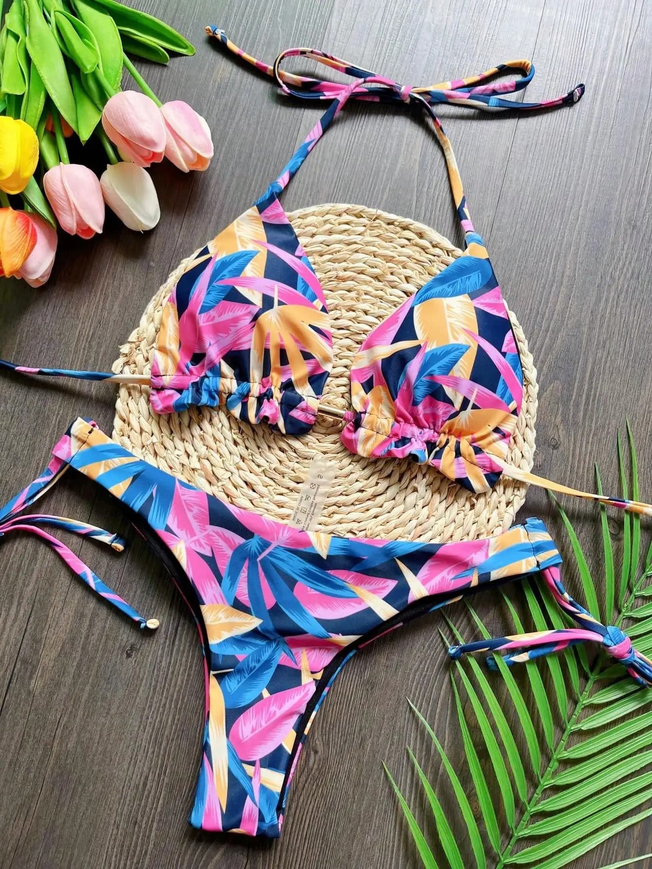 Women's printed bikini with cut-out, low waist swimsuit, micro bikini set, triangle swimsuit, beach clothing