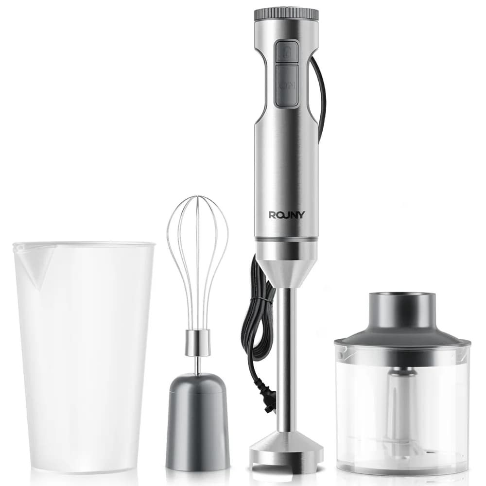 Frullatore a Immersione Potente 4-in-1, Mixer con Asta in Acciaio Inox, Bicchiere da 700ml, Processore da 500ml, Frusta