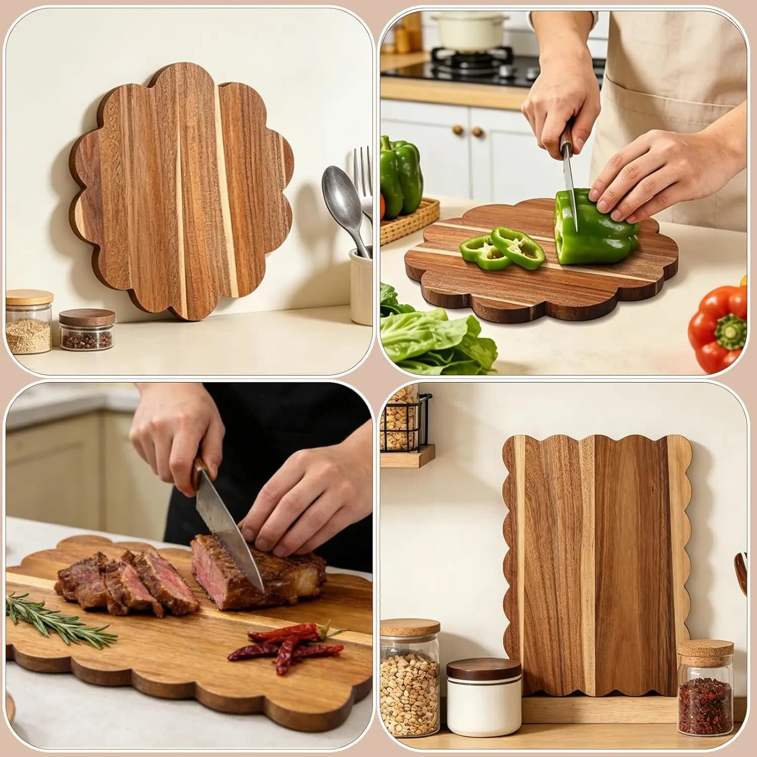 Acacia Wood Scalloped Cutting Boards Set, Decorative Wooden Charcuterie Boards With Handle For Cheese Pizza Meat Fruit Bread Bak