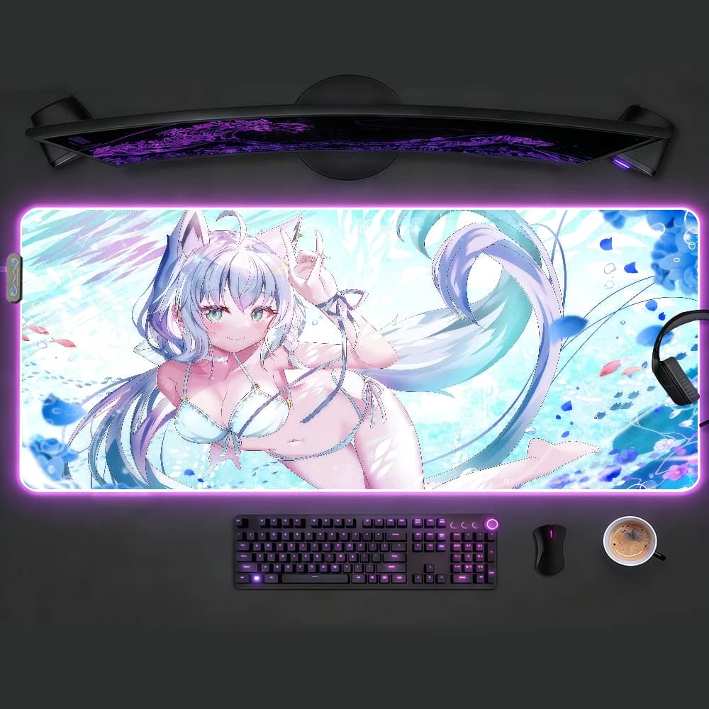 Tappetino per mouse Shirakami Fubuki RGB LED, tappetino da scrivania antiscivolo, accessori da gioco in gomma, tappetino grande XXL per tastiera da ufficio e computer