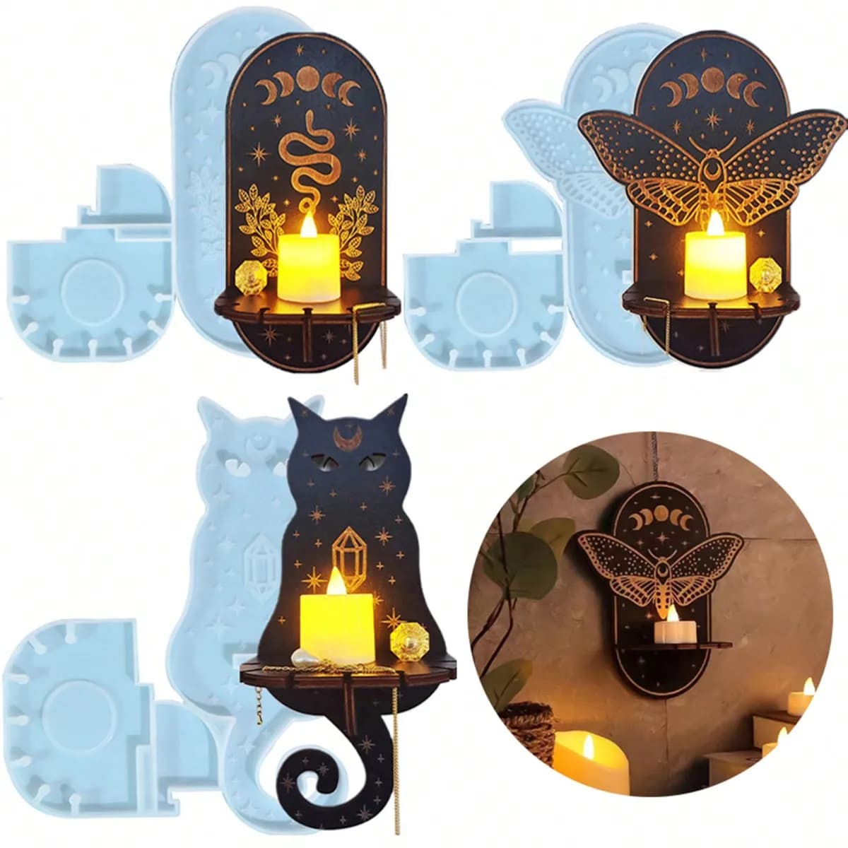 Stampo in Silicone per Portacandele da Parete di Halloween - Stampo in Resina Epossidica con Motivo Totemico di Gatto e Falena per Decorazioni Fai-da-Te