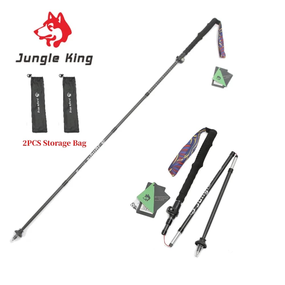 JUNGLE KING 35-130cm Lightweight Folding Trekking Poles Carbon Fiber Walking Stick Drawstring Fixed For Hiking Mountaineering