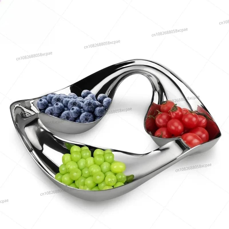 Piatto da portata a tre scomparti in acciaio inox 304 per snack e frutta secca, ideale per KTV e club.